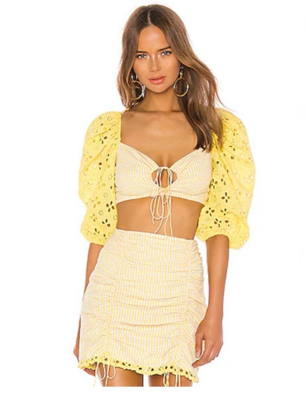 For Love & Lemons Picnic Crop Top Sunshine Gingham Eyelet XS NWT